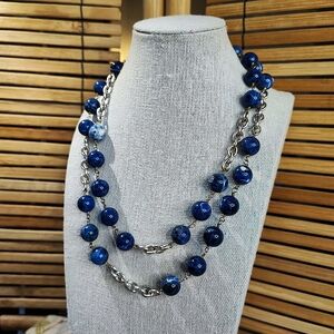 Heavy Blue Stone Dual Strand Beaded Sodalite? Signed Vintage Necklace Lapis Blue